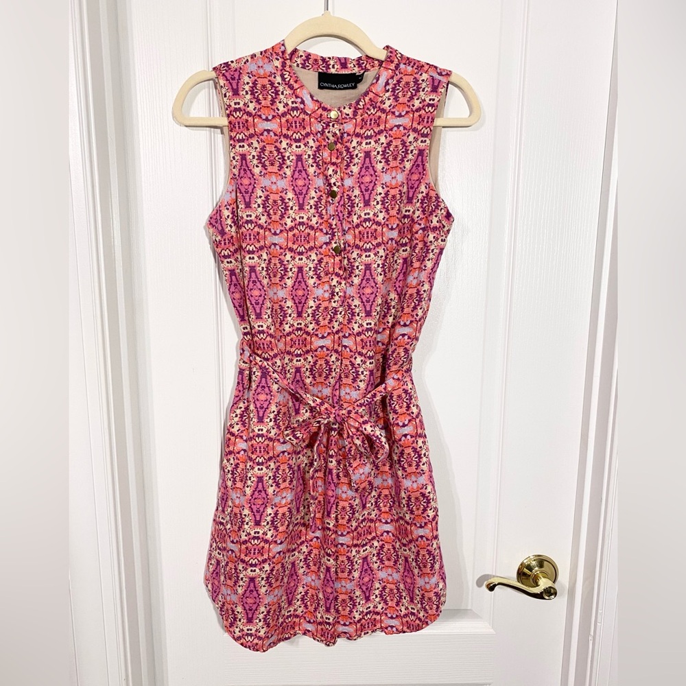 VTG Cynthia Rowley LINEN Patterned Belted Sleeveless Mini Dress Pink Size 2